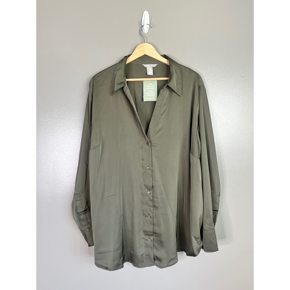 H&M Olive Green Satin Button Down Shirt Blouse XXL Long Sleeve New office party